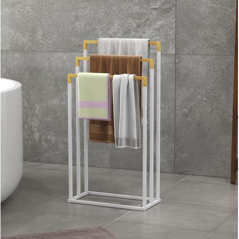 Porte-serviettes sur pied 3 barres, acier et bambou, blanc HAVRYA (1/5)