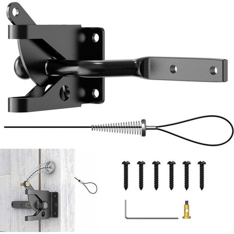 Loquet à gravité pour portail autobloquant, en acier au carbone avec ressort et cable de traction ajustable, pour les cltures en métal et en bois (kit noir)- (1/4)