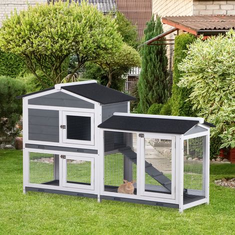 Clapier à lapins Clapier à lapin avec rampe d’enclos en plein air cabane Petite pour animaux en bois avec 2 étages Bassin de sol Gris