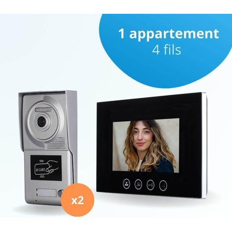 Portier interphone vidéo CLASSIC 4 Fils pour 2 entrées - 1 appartement - 2 platines - 1 écran noir 7" - avec mémoire photos - avec lecteur de badge (1/4)