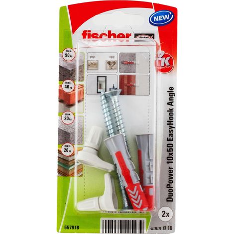 Fischer EasyHook Angle 10, set da 2 Ganci ad Angolo e 2 Tasselli DuoPower 10 x 50 mm, Montaggio Facile e Veloce Senza uso di Pinze su Muro, Cartongesso, Mattoni Forati, Cemento, Legno, 557918 (1/5)