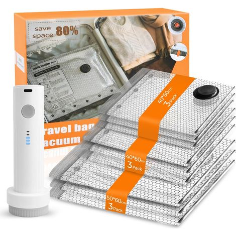 Sac Sous Vide Vetement Aspirateur avec Pompe à Vide Sans fil Électrique, Lot de 9 (340x50cm, 340x60cm, 350x60cm) Sac Vetement Sous Vide, Sac de Rangement Sous Vide pour Pulls, Chemises, Voyages (1/5)