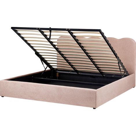 Bed Frame Pastel Pink Fabric Upholstery EU Super King Size 6ft Lift Up Storage with Headboard and Slatted Base NANTERRE (1/5)
