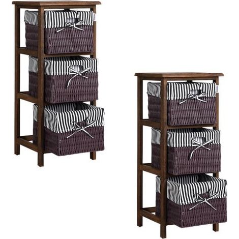 Lot de 2 Étagères salle de bain avec 3 paniers imitation osier brun foncé style rustique ancien art déco
