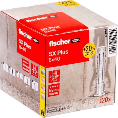 Cheville Nylon Multi-matériaux SX Plus 8x40 + 20% de Contenu supplémentaire /Boîte de 120 (1/5)
