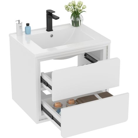 CHICFURN Mobile lavabo sospeso 60x46x50 cm in MDF e ceramica bianca, 2 cassetti, senza rubinetto (1/5)
