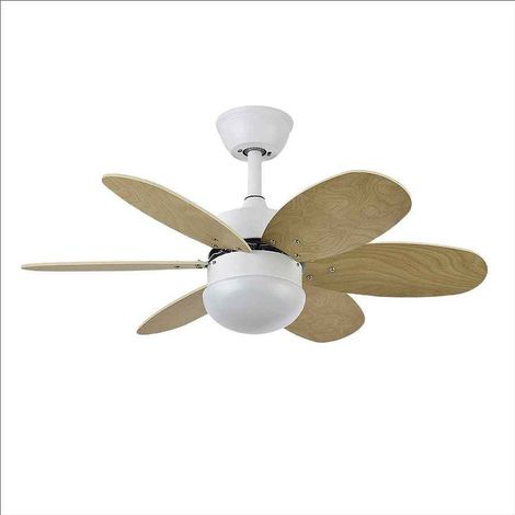 Fabrilamp – Ventilateur de plafond DC 6 pales réversible blanc/hêtre – Télécommande incluse – Minuterie 1 à 4 heures – Dimensions 41x85 cm
