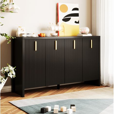 Buffet 140x38x80 cm en bois noir, avec rangement pour salon contemporain FloraGrace (1/5)