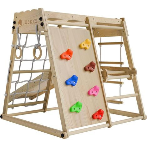 Mini Structure d'Escalade pour Enfants - Aire de Jeux Intérieure avec Toboggan, Mur d'Escalade, Filet à Grimper & Anneaux de Gym - Tour Pliable en Bois - Coloris Naturel (1/5)