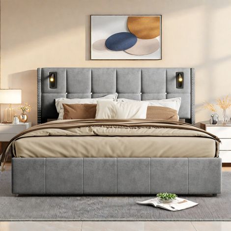 Doppelbett 160x200cm, Stauraumbetten mit Luftdruckbox, Erwachsenenbett mit Leselampe, Nietendesign an der Kopfteilseite, Samt, Grau (1/5)