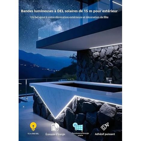 Solaire Ruban LED Exterieur, Flexible Bande LED Exterieure Autocollante avec Télécommande, Dimmable, 8 Mode, LED, Étanche, pour Garten, Jardins, Terrasse, Fête, Blanc Froid (1/4)