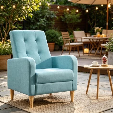 Poltrona relax 61x54x90,5 cm in tessuto di lino blu, facile da montare, FloraGrace (1/5)