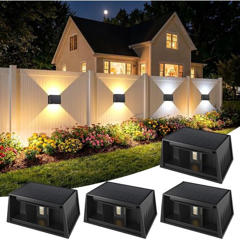 JSSEVN - 4 luces solares de pared, RGB con luz blanca cálida y fría, iluminación hacia arriba y hacia abajo, IP65, lámpara solar para jardín, patio, valla y escaleras. (1/5)