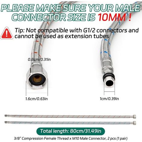 2 Pièces 80cm x G3/8 x M10 Tuyaux de Raccordement Flexibles Robinets Cuisine, Tuyau Flexible pour Robinet, Tressé Acier Inoxydable Rallonge Lavabo Tubes, pour Cuisine Salle de Bain