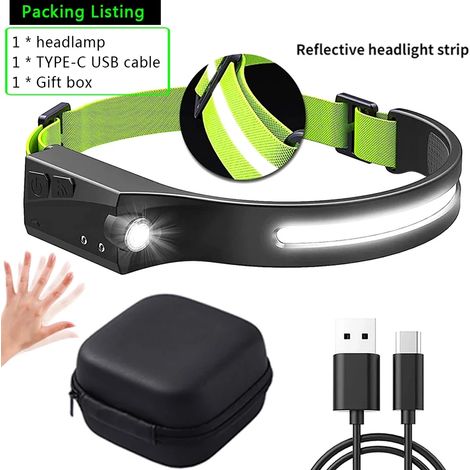 Lampe frontale rechargeable USB avec capteur et batterie intégrée (1 pièce avec sac de transport) - Idéale pour le camping et la pêche. (1/5)