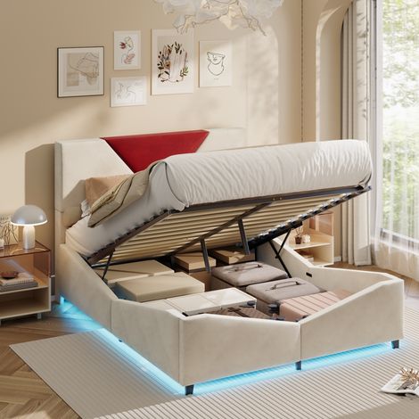 Lit coffre 160 x 200 cm, lit 160x200 avec sommier, lit double avec LED, cadre de lit, avec tete de lit, velours, Beige