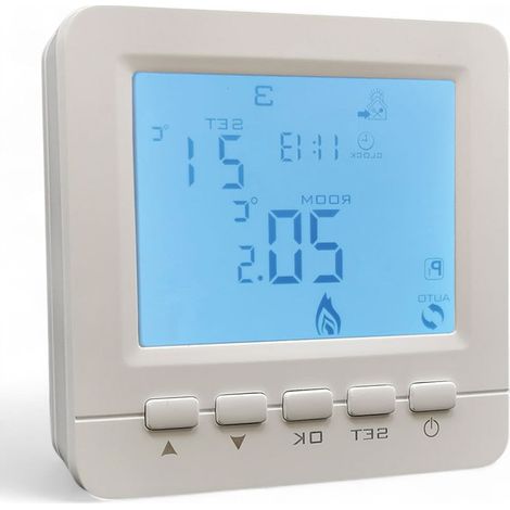 Cronotermostato digital con programación semanal y diaria para calefacción y aire acondicionado con alimentación por pilas AA