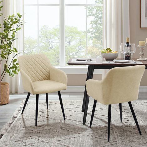 Dining Chairs,2x Faux Leather Kitchen Chairs Upholstered Seat with Backrest and Armrest, Champagne