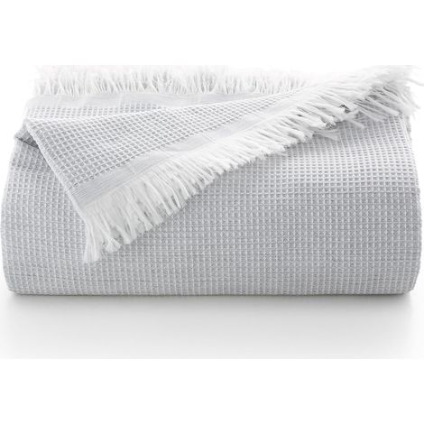 Couvre-lit multifonction pour lit de 135/150 cm et canapé. Plaid Housse de canapé 3 places en coton doux et respirant nid d'abeille - 230 x 280 cm, Gris clair (1/5)