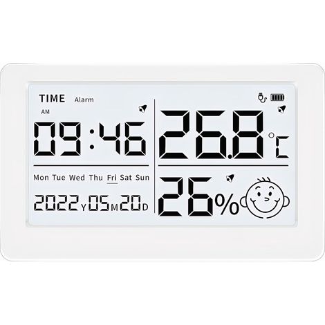 Rechargeable digital hygrometer/thermometer with alarm clock, date display, and comfort level symbols for home and children's rooms. Suitable for wall mounting.