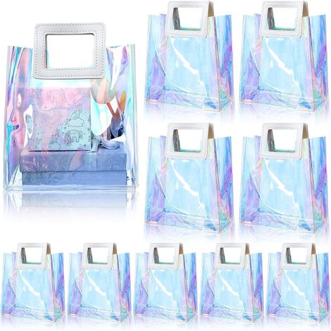 10 Bolsas de regalo iridiscentes con asa de cuero, 21 cm x 20 cm x 10 cm. Bolsas de mano reutilizables de PVC con diseño holográfico para compras, regalos, boutiques, bodas y cumpleaños.