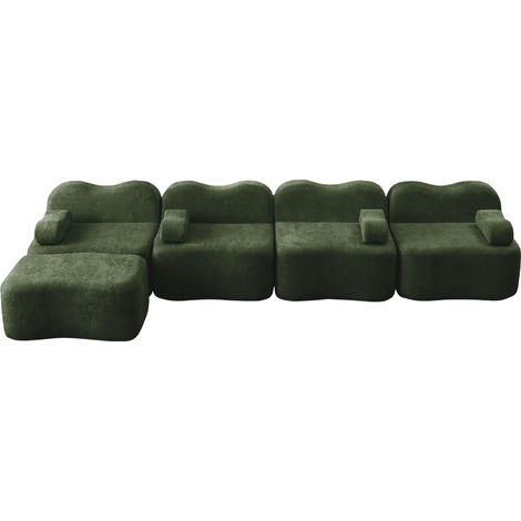Divano modulare a L 4 posti con pouf, velluto verde, schiuma 32D (1/5)