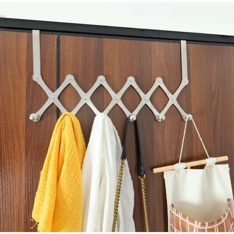 Patère Pliante, Crochet de Porte en Acier Inoxydable Brillant Argenté avec 6 PatèRes RéTractables, Longueur RéTractable Jusqu'à 65CM Sans PerçAge, Convient pour Chambre Cuisine Salle de Bain (1/5)