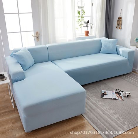 Funda de cojín elástica sencilla para sofá de tres plazas, tejido antideslizante, color azul claro, tres tamaños (190-230 cm). (1/5)