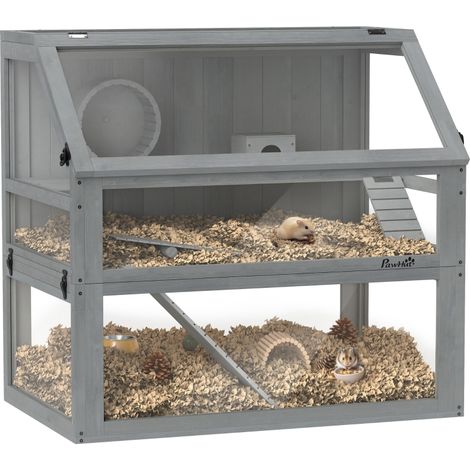 Habitat petits rongeurs, structure triple etages, balançoire incluse, gris, taille 80x50x76cm (1/5)
