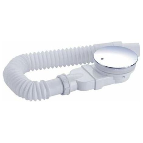 Bonde de douche 90mm, extra plat, trou d'évacuation receveur de douche, siphon avec système anti-odeur, filtre à cheveux, flexible, couvercle chromé, blanc, monobloc (1/5)