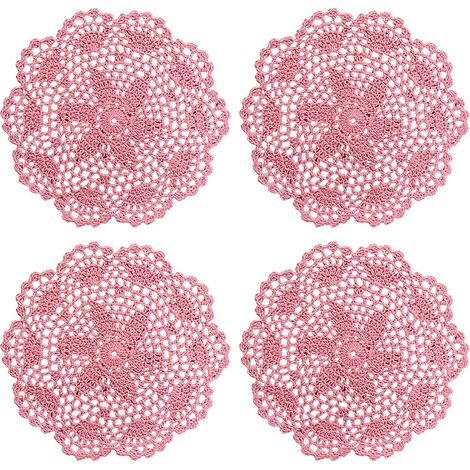 Lot de 4 napperons ronds en crochet vintage en dentelle rustique, napperons de table de cuisine tricotés, dessous de verre tissés rétro faits à la main pour fête d'anniversaire, rose (1/2)