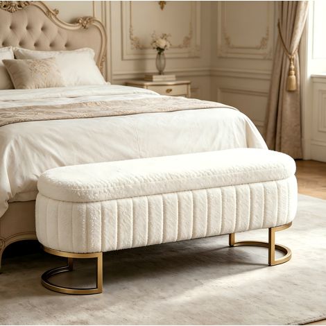 Panca contenitore 130 cm multifunzione, vano contenitore, trapuntatura verticale, velluto, metallo e legno crema (1/5)