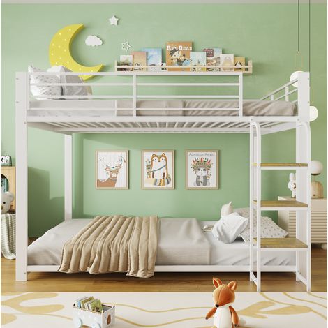 Etagenbett 140/200 cm in Weiß aus MDF und Metall mit Holztreppe, stabil und leise (1/5)