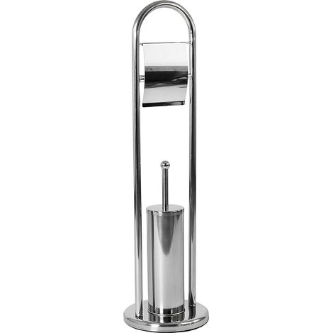 Toilet Brush & Paper Holder With Round Base Tissue Roll Storage, Silver