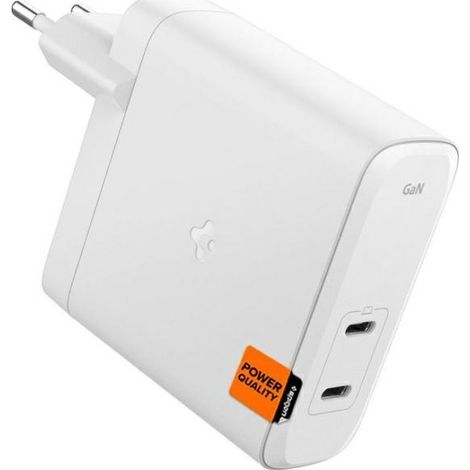 Cargador de pared Spigen GaN de 140 W con 2 puertos USB-C, color blanco.