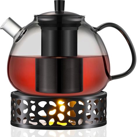 Théière noire en verre borosilicate - 1500 ml - Avec passoire amovible en acier inoxydable 18/8 - Résistante à la chaleur - Pour thé noir, thé vert, thé aux fruits - Thé parfumé (1/5)