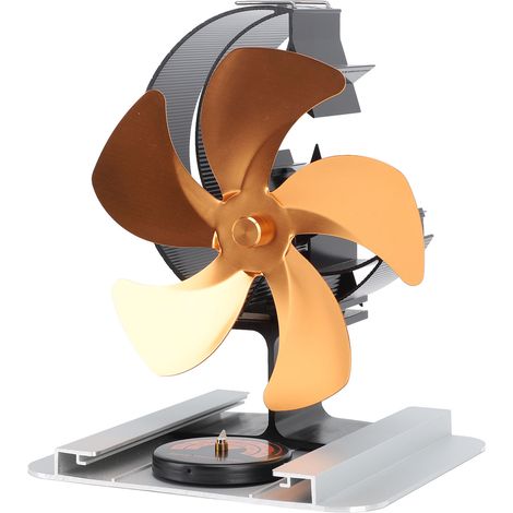 Ventilateur de poêle à bois à 5 pales avec écran thermique et thermomètre, en alliage d'aluminium, fonctionnement silencieux, alimenté par la chaleur, couleur or. (1/5)