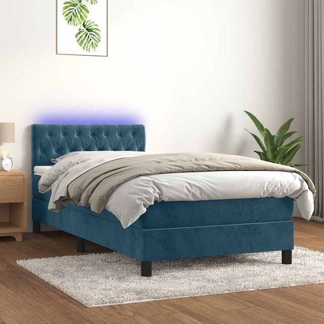 Cama box spring colchón y LED terciopelo azul oscuro 90x190 cm (1/5)