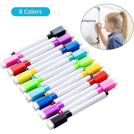 8 marqueurs effaçables à sec de couleurs différentes avec capuchon effaceur - Idéal pour la maison, le bureau, la salle de classe, les enfants - Portable et à faible odeur (1/5)