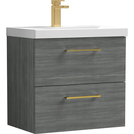 Balterley 600mm Wall Hung Bathroom 2 Drawer Vanity Unit & 1 Tap Hole Ceramic Basin, Woodgrain Anthracite & Brushed Brass Handles