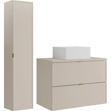 Mobile bagno sospeso con lavabo da appoggio quadrato e colonna Beige 80 cm - ONDIL (1/5)