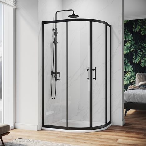 ELEGANT Quadrant Shower Enclosure Black Frame Sliding Cubicle Door (Left Offset) 6mm Tempered Glass 800 x 1000 mm with White Tray + Waste Tray (Chrome) (1/5)