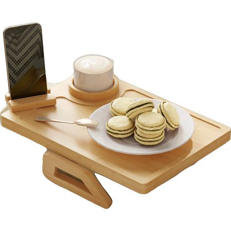 Bandeja para reposabrazos de sofá, bambú, 33 cm x 23 cm x 5 cm, rectangular, soporte giratorio de 360°, base antideslizante. (1/5)