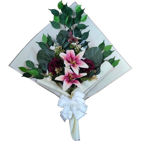 Bouquet de Fleurs artificielles pour cimetière avec Vase à Mettre dans Le Pot du Vase 78 x 63 x 20 cm (Liliums et Roses grenats) (1/5)
