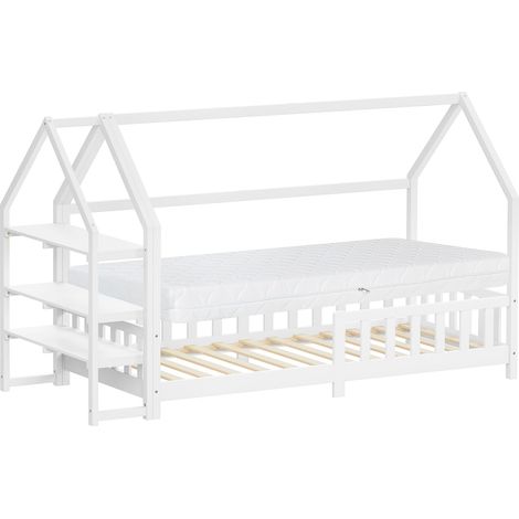 ML-Design Letto a Casetta 90x200 cm per Bambini, Bianco, in Legno di Pino, con Materasso 16 cm, Protezione Anticaduta e Libreria Integrata, Tetto e Rete a Doghe, Letto a Terra Style Montessori