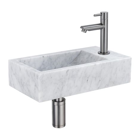 FugaFlow Eccelente Pietra ensemble lave-mains - 22x40x10cm - 1 trou de robinet - à droite - marbre - robinet de lavabo gunmetal - blanc (1/5)