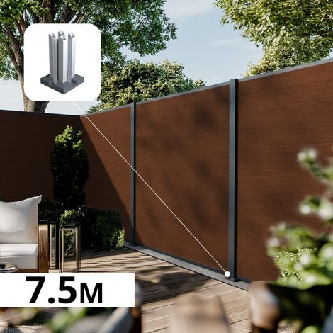 Kit Clôture Composite sur Muret CRUZ Ipé 7,38x1,8m - Bois composite & Aluminium - Poteaux sur Platines Gris Anthracite - Brise vue (1/5)