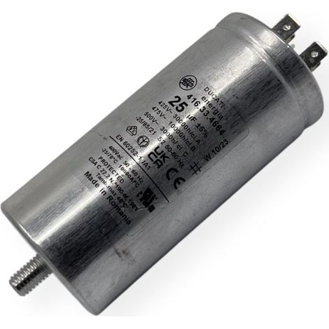 Ducati Energia – Condensateur permanent aluminium 25µF à cosses faston double – Ø45x98mm – Compatible avec Bosch, Siemens, Electrolux