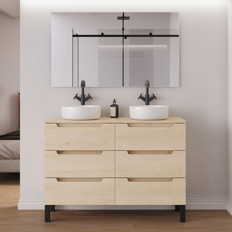 Meuble de salle de bain 140cm avec plateau et 2 vasques à poser rondes - 6 tiroirs - roble calima (bois clair) - RIZA (1/5)