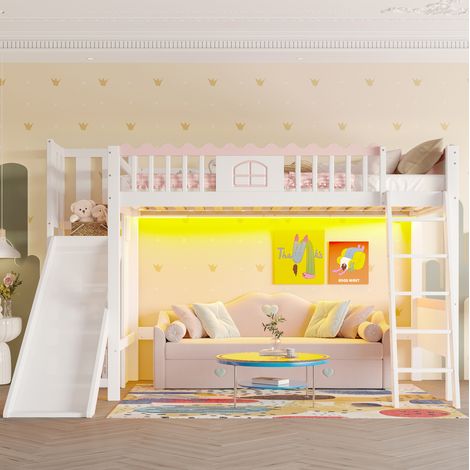 Hochbett Kinderbett aus Kiefernholz und MDF, Weiß, 90x200 cm, mit Rutsche, Regalen und LED-Licht (1/5)